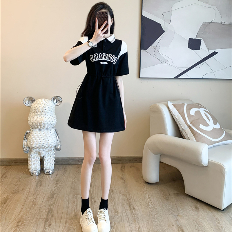 Plus-Size Black and White Color-Blocked T-Shirt Dress for Women, Summer, for Chubby Girls, Drawstring Design, Waist-Cinching, Slimming, Casual Polo Dress