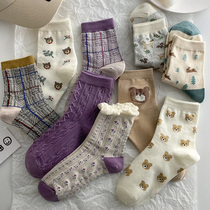 Cartoon Cute Socks Children Spring Autumn Pure Cotton Sun Ensemble Students Purple Midtubes and Tide Cubs Retro Plaid stockings