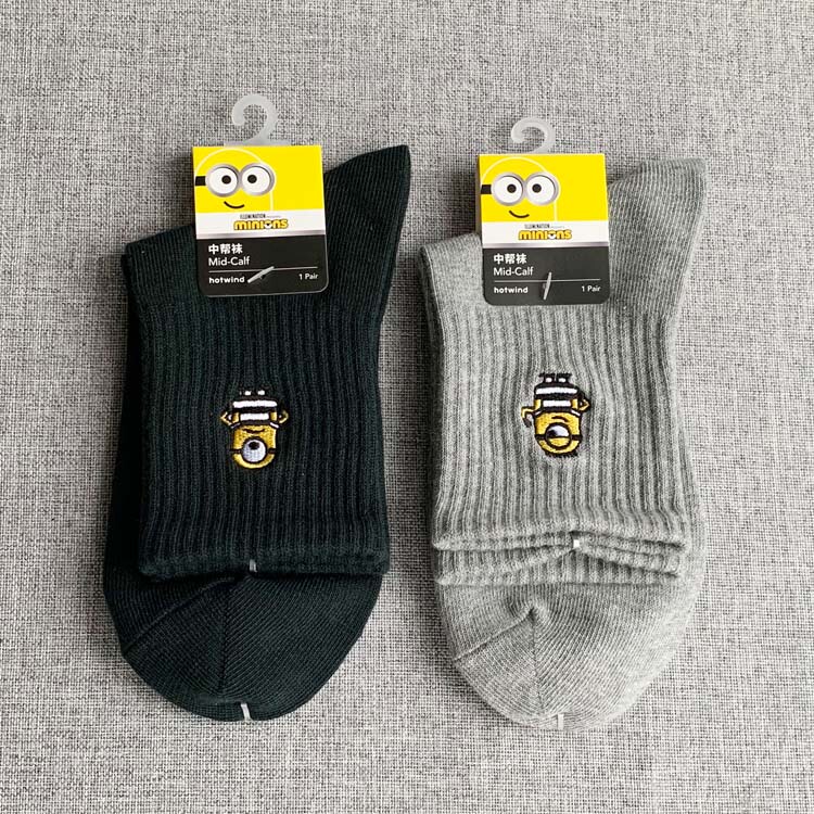 Hotwind 2020 Winter New Cartoon Minion Mid-Calf Socks Embroidered Men's High-Top Socks P082M030647F