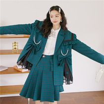 (word wake) French style grid butterfly knot chain lotus leaf side suit jacket half body dress two-piece suit female spring new