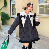 (Wake up) Butterfly knot Navy collar Lotus Leaf side Down jacket Feminine Winter Magyvein White Duck Suede Warm Jacket 2021