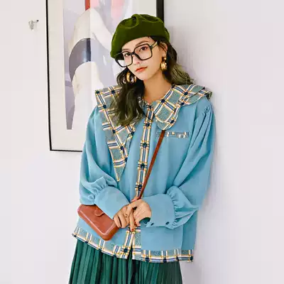 (Words wake up) designer asymmetric double-layer Lotus collar shirt female spring splicing check loose shirt 2021