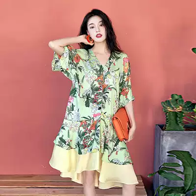 (Yan Xing)Yellow-green printed loose dress women's summer V-neck short-sleeved wavy ruffle lazy bellflower skirt