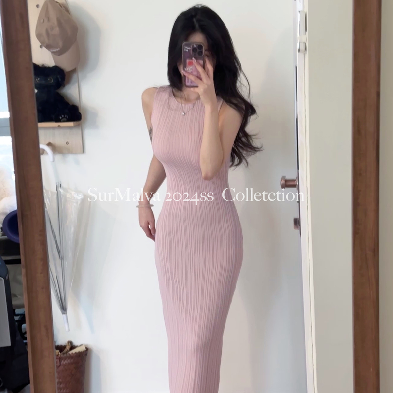 Xiaokui【Morning Mist】Nude Pink Slim-Fit Thin Sleeveless Knit Dress Long Elegant Waist-Cinching Dress for Summer