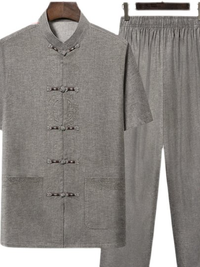 Yalu Tang Anzug Männer kurzärmeligte Baumwollwäsche mittleren Alters und älterer Vater Sommer Kleidung Lose lässiger chinesischer Stil Stehkragen ethnischer Stil Anzug