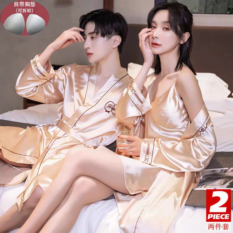 Two-piece couple pajamas ice silk sexy suspender nightgown nightgown female spring and autumn men's summer real silk suit