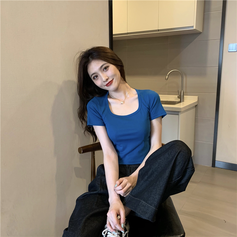 2026 New Square-Neck Short-Sleeve Regular Shoulder T-Shirt for Women, High-Waisted Short Summer Slim-Fit Crop Top for Summer Layering