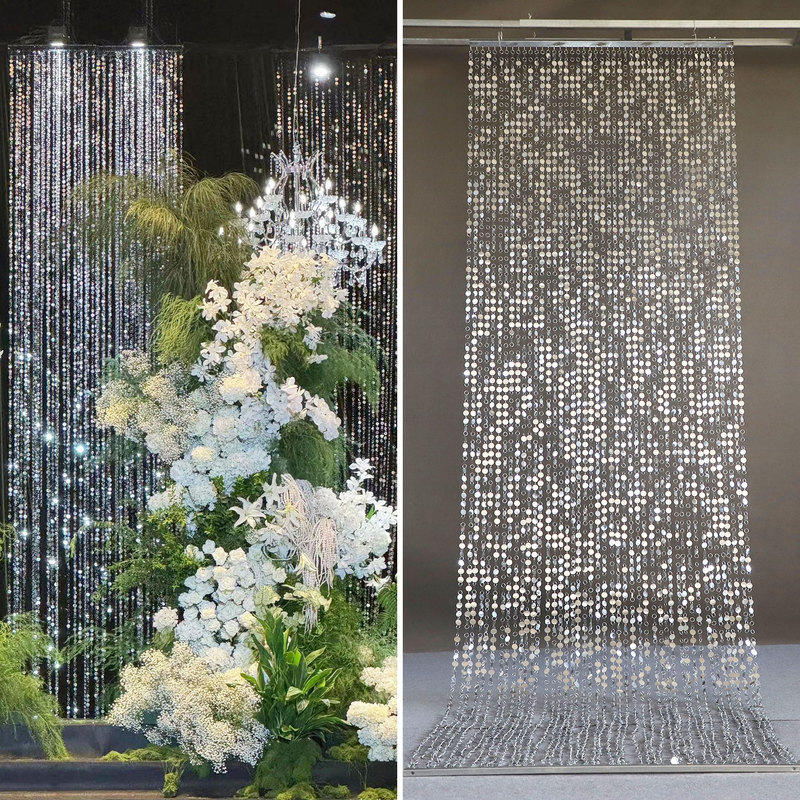 Korean-Style Crystal Wedding Stage Layout, Black and Gold Old Money Style Stage Props, Gold and Silver Sequin Bead Curtain Ceiling Decoration