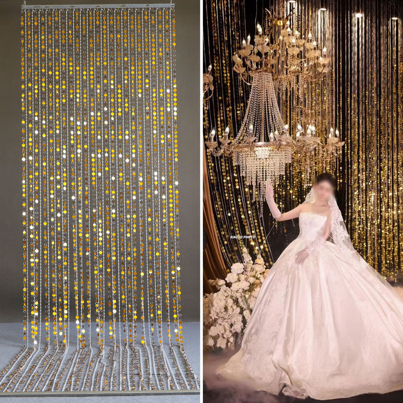 Wedding Crystal Acrylic Bead Curtain Ceiling Gold and Silver Korean-Style Wedding Banquet Hall Old Money Style Stage Decoration Wedding Crystal Acrylic Bead Curtain Ceiling Gold and Silver Korean-Style Wedding Banquet Hall Old Money Style Stage Decoration