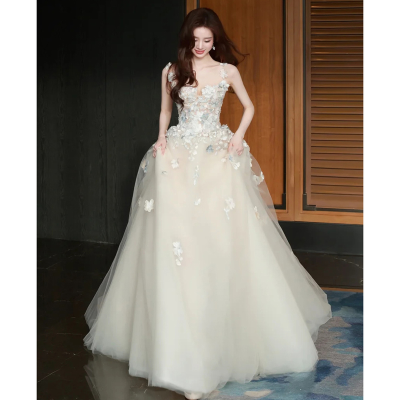 Super Fairy-Like Floral Tulle Wedding Dress for Brides, 2026 New Style, Runaway Princess Dress, Forest-Style Reception Gown with a Train