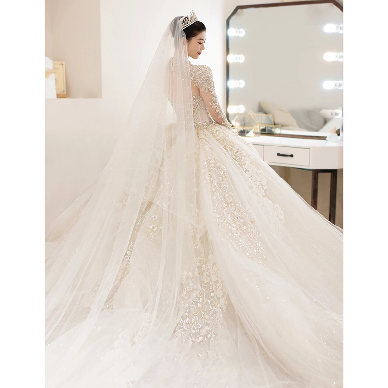 Long -sleeved wedding dress bride 2024 new French small heavy work luxury luxurious V -neck high -level texture Long -sleeved wedding dress bride 2024 new French small heavy work luxury luxurious V -neck high -level texture