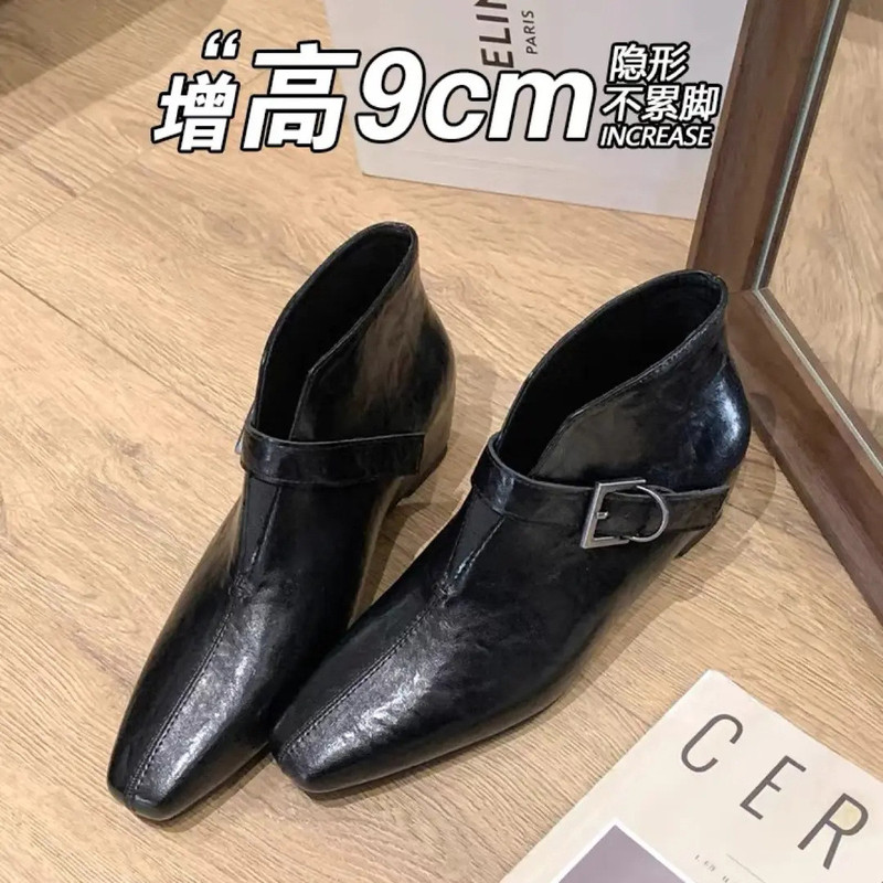 New Style Square-Toe Retro Deep-Cut Shoes with 9cm Hidden Height Increase, Comfortable for the Feet, Women's Short Boots in British Style for Petite Individuals, Ankle Boots