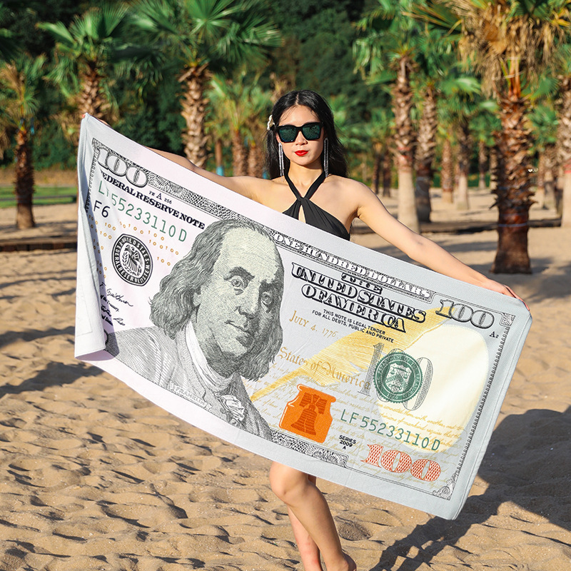 Dollar Euro Large Bath Towel for Women, Summer Quick-Dry, Water-Absorbent, Non-Shedding, Printed, Swimming Beach Bath Towel, Portable, Non-Pure Cotton
