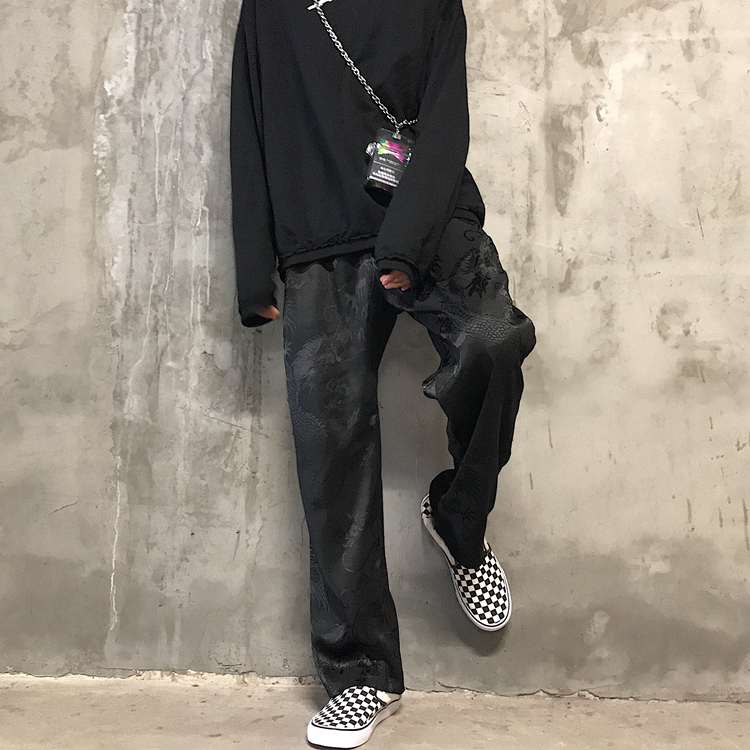 Harajuku Korean version of ulzzang vintage dark dragon pattern jacquard bf male and female students loose straight trousers trendy personality