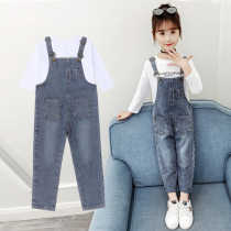 Girls denim bib pants 2021 new spring suit Yangqi Korean version of the fashionable childrens spring and autumn net red two-piece set