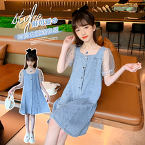 Girl Denim Dress Summer Dress 2022 New Korean Version Foreign Air Children Summer Lace Short Sleeve Princess Girl Dress Girl Dress