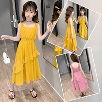 Girl Super Fairy Over Knee Long Skirt Summer Dress Foreign Air 2022 New Children Snowspun Dress Girl Summer Hanging Strap Dress