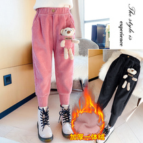 Girls pants 2021 autumn and winter new childrens foreign style corduroy trousers womens middle-aged children plus velvet bunches casual pants