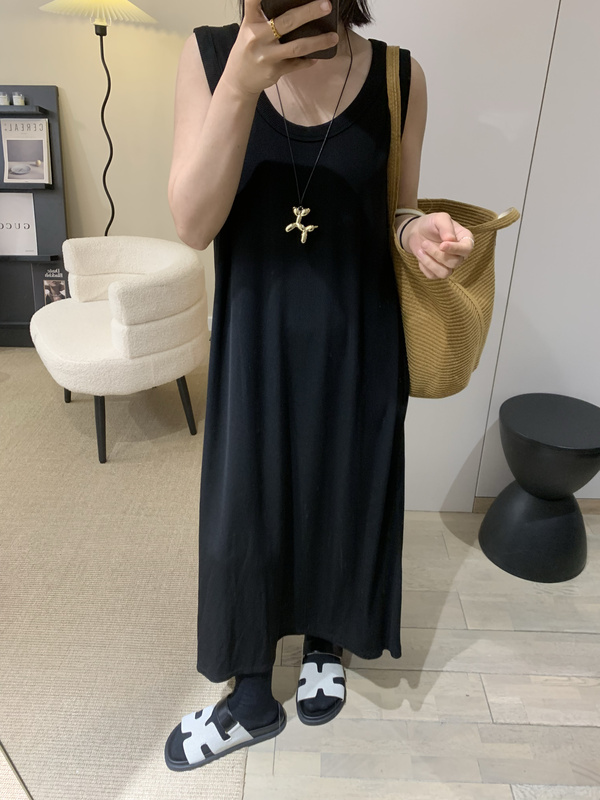 Super Comfortable Spring and Summer New Textured Ribbed Sleeveless Tank Dress, Mid-Length Base Dress, Slimming and Loose-Fitting