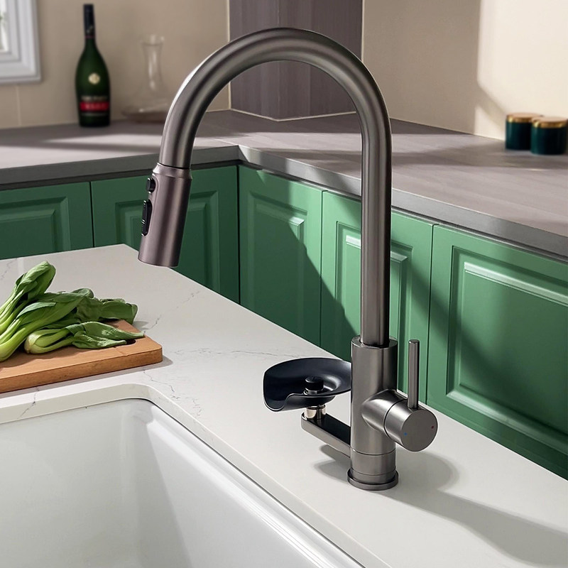 Pull-Out Stainless Steel Kitchen Sink Faucet with Hot and Cold Water, High-Pressure Cup Washer, Splash-Proof Faucet for Milk Tea Shop