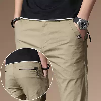 Men's casual pants slim straight spring and autumn new pure cotton breathable trousers Europe and the United States 2021 wild khaki pants