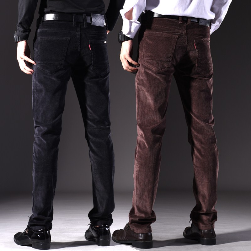 Spring, autumn and winter corduroy men's trousers youth slim straight velvet trousers thickened business elastic plus velvet casual trousers