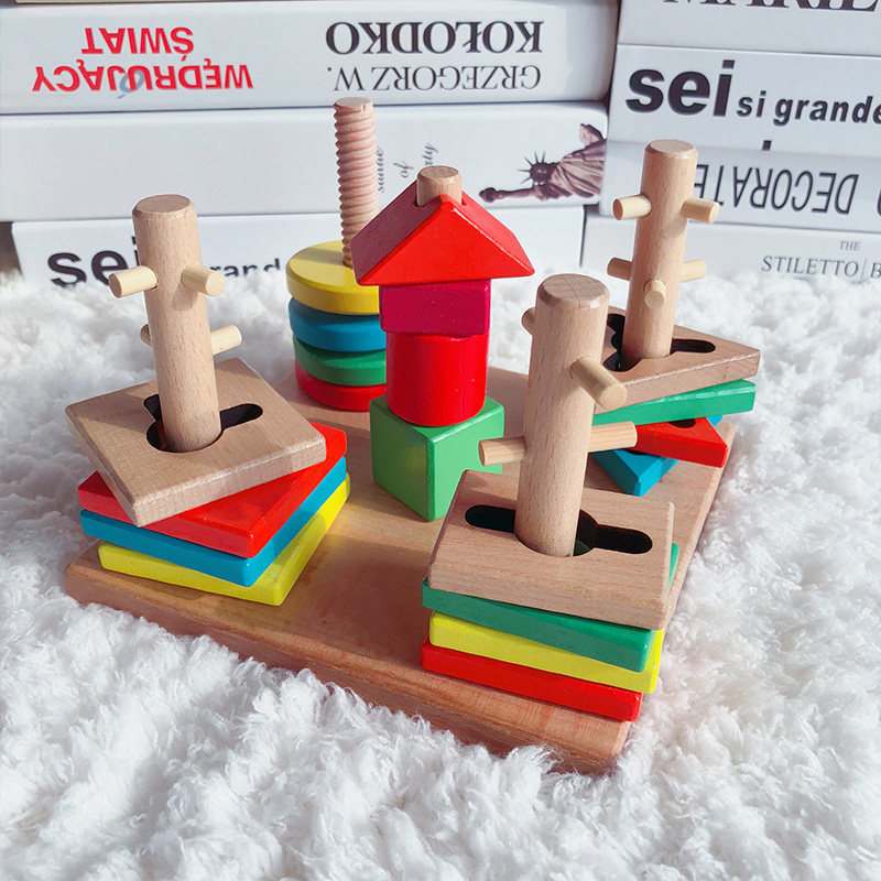 Baby 1-3-year-old Mengzi Early teaching Puzzle Toys Wooden Geometric Five Sets of Building Blocks Shape Paired Graphic Building Blocks