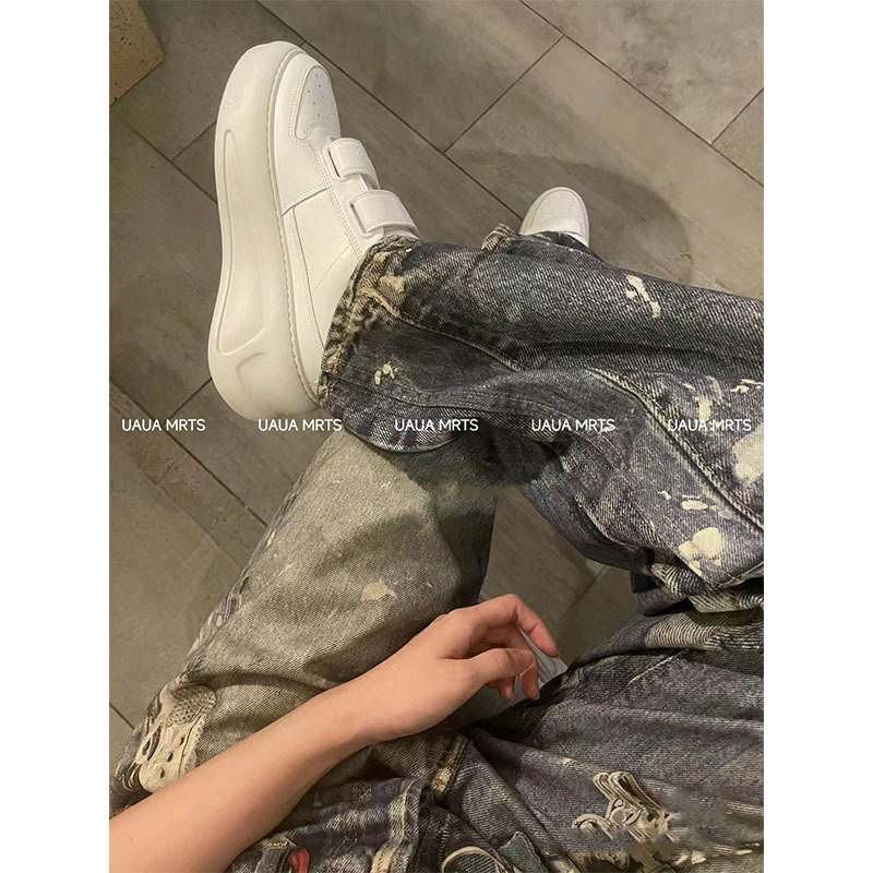 Ma Sichun Thick-Soled Magic Tape White Sneakers for Women, Genuine Leather, New Model 26, Pink-Tail Smiley Face Shoes, Casual Sports Height-Increasing Sneakers