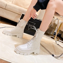 Thick-soled Martin boots womens 2022 new mid-tube white knight boots British style lace-up short boots autumn and winter single boots