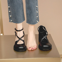 French Mary Jane shoes womens autumn high-heeled round toe retro black small leather shoes with thick heel shoes toe sandals