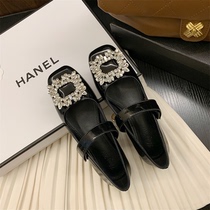 Leather rhinestone Mary Jane shoes red square toe French medium heel retro small leather shoes 2022 spring style thick heel shoes women