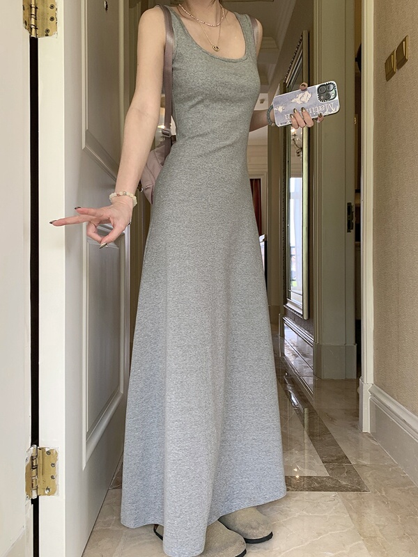 Korean Style Square Neck A-Line Waist-Cinching Spaghetti Strap Dress for Women, Gray Simple Inner Layering Tank Top Long Dress for Summer