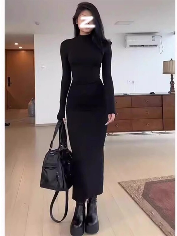 High-End Black Elegant Half-High Collar Slim-Fit Long Dress for Women, Autumn and Winter Waist-Cinching Slimming Fleece Bodycon Inner Dress High-End Black Elegant Half-High Collar Slim-Fit Long Dress for Women, Autumn and Winter Waist-Cinching Slimming Fleece Bodycon Inner Dress