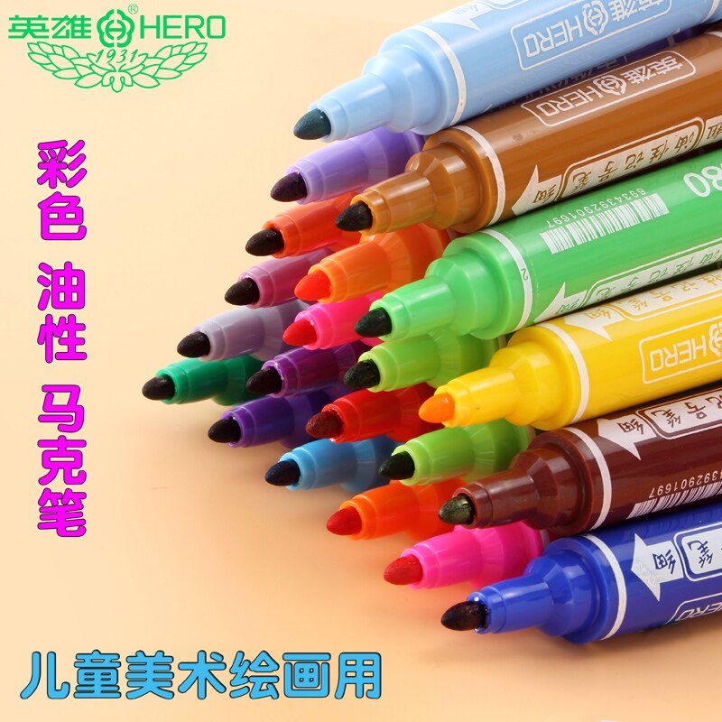 Hero 880 marker pen 12 colors 24 colors 36 colors 48 oily pen Large double-headed color marker pen black mike pen pop poster hook pen Primary school children's painting CD-rom glass does not fade