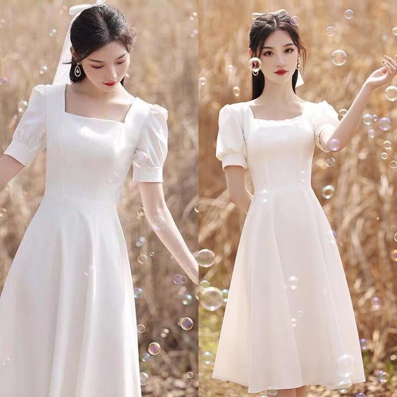 Small white evening dress women's French dress niche light luxury dress small people usually can wear white skirt with summer collar