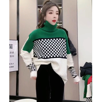 High-neck color-blocking black and white plaid sweater womens 2022 autumn and winter Korean version fashion ins all-match thick knitted sweater top