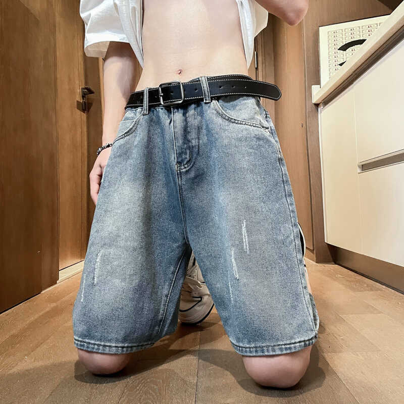 Men's Summer Thin Denim Shorts with Belt, Korean Style Trendy Casual Five-Point Shorts, Simple and Versatile Mid-Length Pants for Outerwear