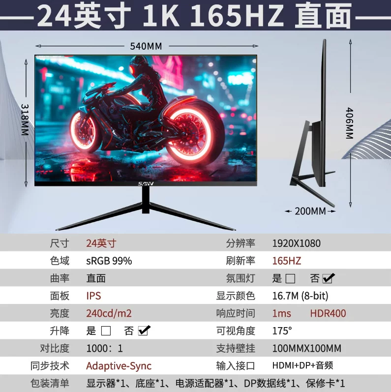 Монитор SANV 27-дюймов изогнутый IPS 144 Гц (1800R), HDMI + DP двойной интерфейс, игровой экран