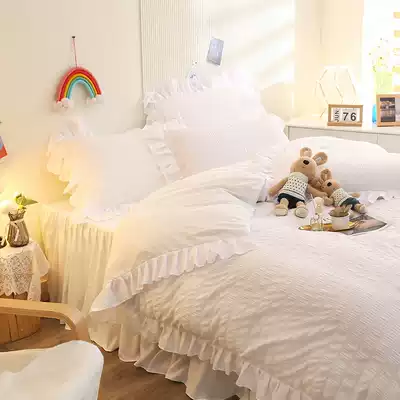 Net red four-piece girl heart ins wind pure cotton all cotton edge quilt cover bed single washed cotton bed white seersucker