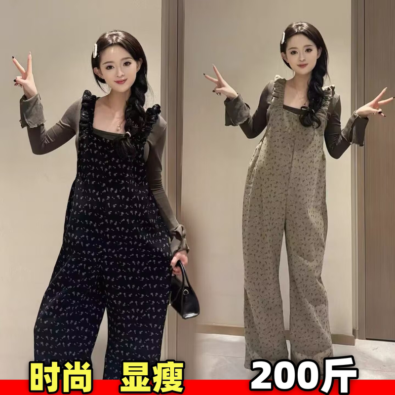 Plus-Size Maternity Overalls, New Spring and Autumn Style, Trendy Floral Suspender Pants, Elegant and Slimming Wide-Leg Trousers Plus-Size Maternity Overalls, New Spring and Autumn Style, Trendy Floral Suspender Pants, Elegant and Slimming Wide-Leg Trousers