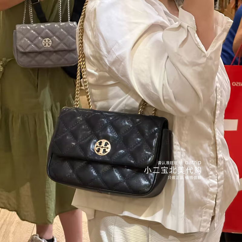Tory Burch Tb New Model Willa Medium-Sized Quilted Chain Shoulder Crossbody Women's Bag in Chanel Style, Approximately 23cm Long Tory Burch Tb New Model Willa Medium-Sized Quilted Chain Shoulder Crossbody Women's Bag in Chanel Style, Approximately 23cm Long