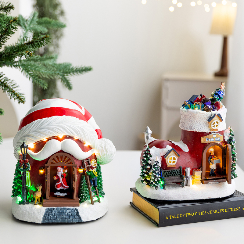 Winter Christmas Light-Up Music Box with Automatic Opening and Closing Doors, Santa Hat and Boots Shape, Music Box, Christmas Desktop Decoration