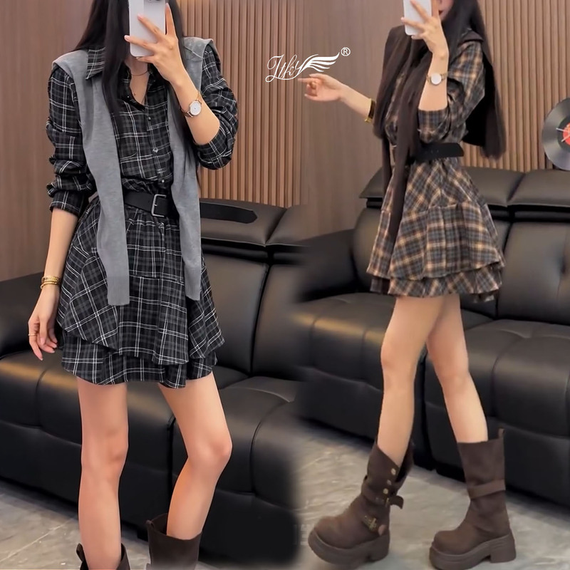 Plaid Shirt Dress with Shawl for Women, Spring and Autumn 2026 New Style, College Style, Slimming, Tummy-Concealing, Tie-Waist Dress Plaid Shirt Dress with Shawl for Women, Spring and Autumn 2026 New Style, College Style, Slimming, Tummy-Concealing, Tie-Waist Dress
