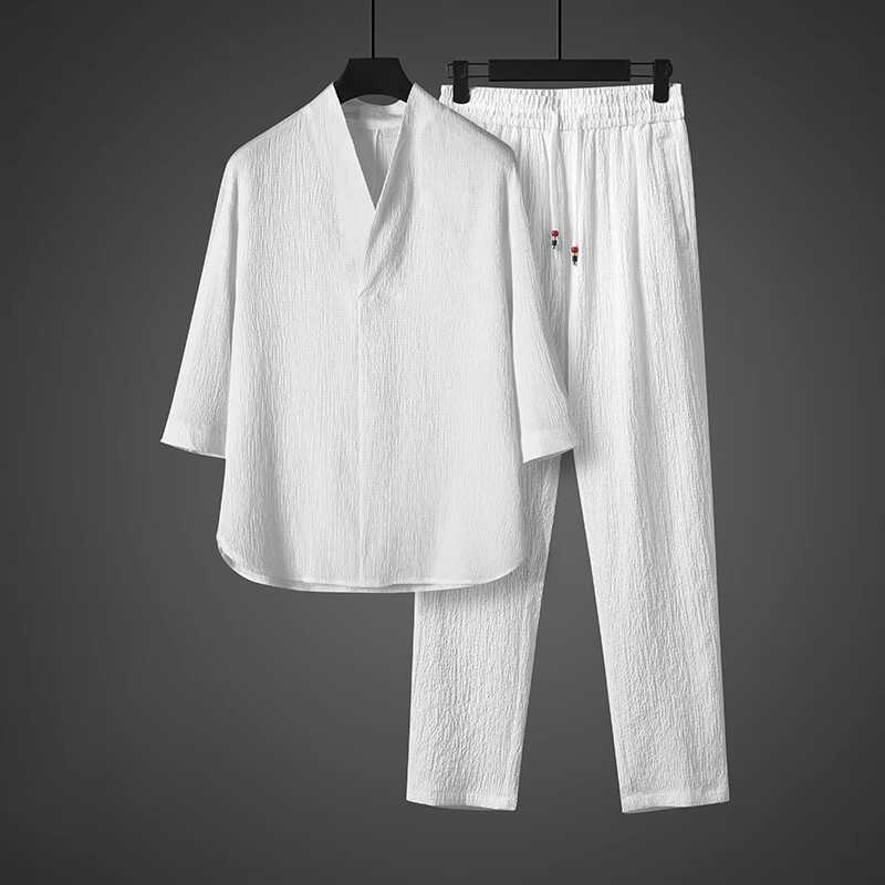 High-End New Chinese Style Wearable Loungewear for Men, Summer Pure Cotton and Linen Short-Sleeved Long Pants Men's Summer Pajama Set
