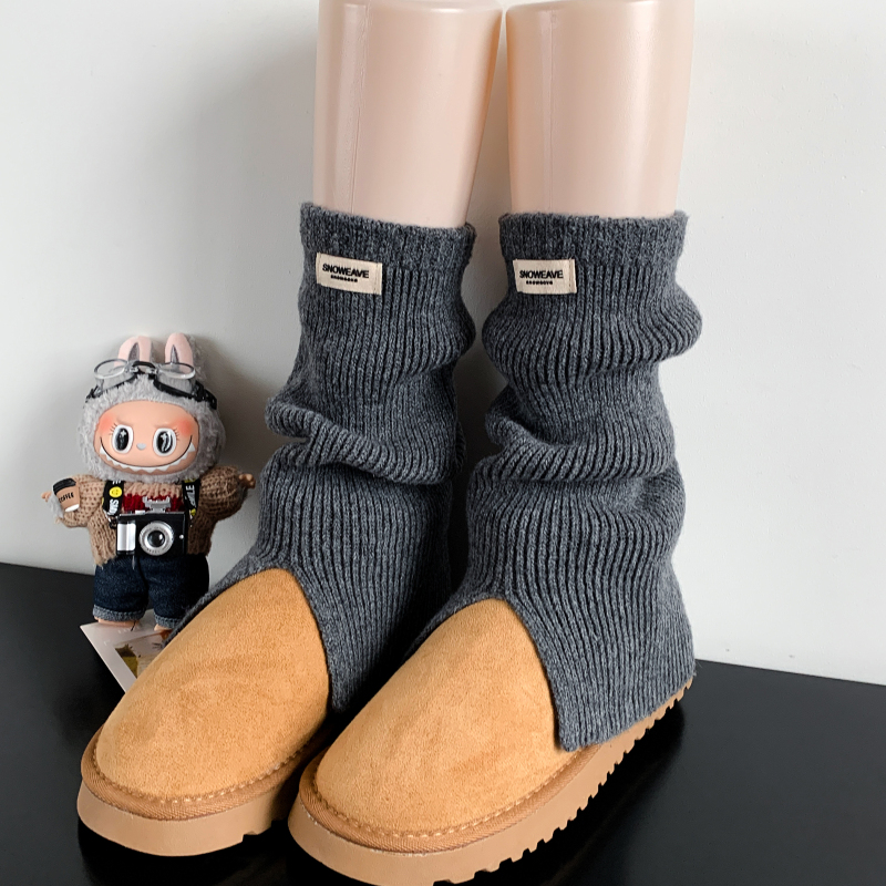 Women's Snow Boot Sock Covers for Autumn and Winter, Thickened and Warm Knitted Calf Sleeves, Miu Style Gray Fabric Label Knitted Slouch Socks