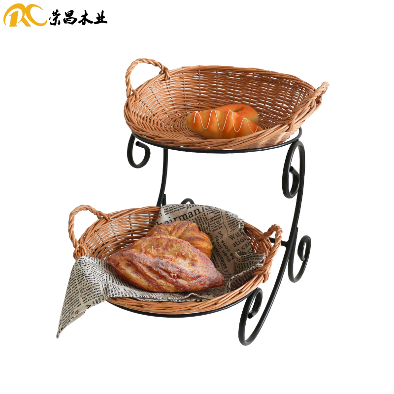 Rongchang Wooden Bread Basket Bakery Shop Willow Basket Two-Tier Pastry Basket Cake Shop Ornament Decoration Tray