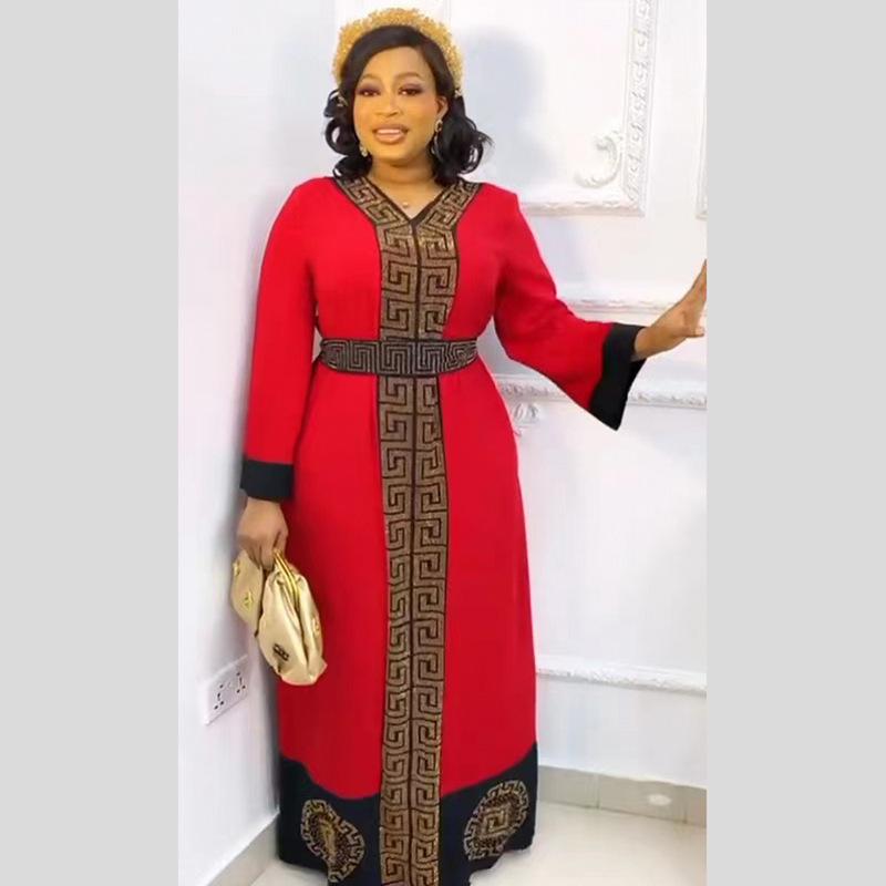African Ethnic Style Rhinestone Embellished Robe Dress with Belt African Diamond Robes Dresses