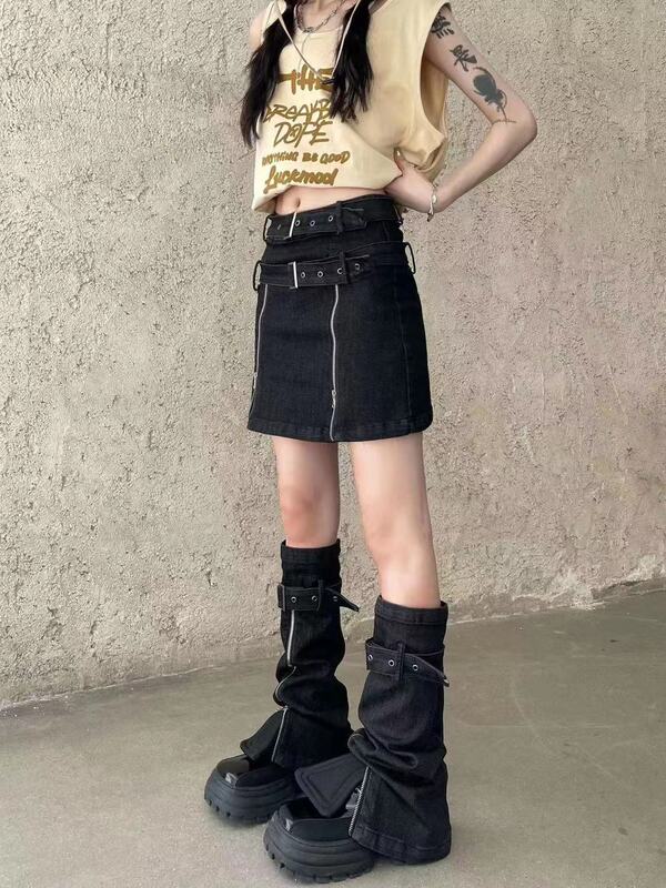 Black Denim Leg Warmers Y2K Hot Girl Pant Leg Warmers with Slits Boot Covers Subculture Slimming Flared Drawstring Stacked Sock Covers Black Denim Leg Warmers Y2K Hot Girl Pant Leg Warmers with Slits Boot Covers Subculture Slimming Flared Drawstring Stacked Sock Covers