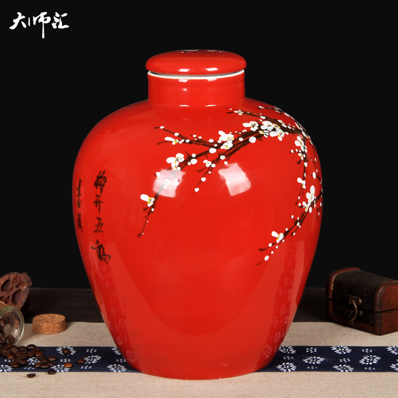 Jingdezhen ceramic jars 20 jins seal it mercifully bottle the wine bottle wine jar hand - made name plum blossom put with the tap