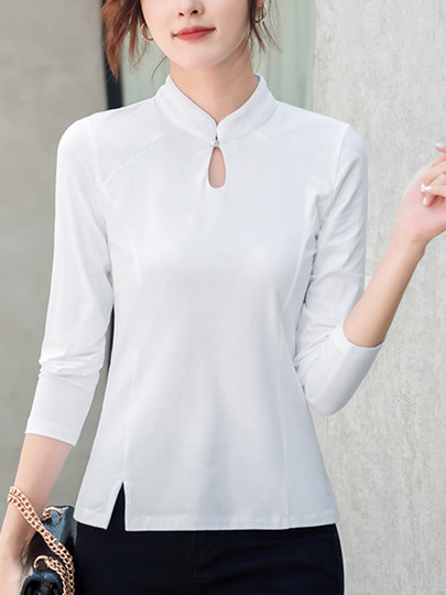 立领纯棉打底衫女春秋长袖t恤洋气新轻国风改良中式盘扣镂空上衣